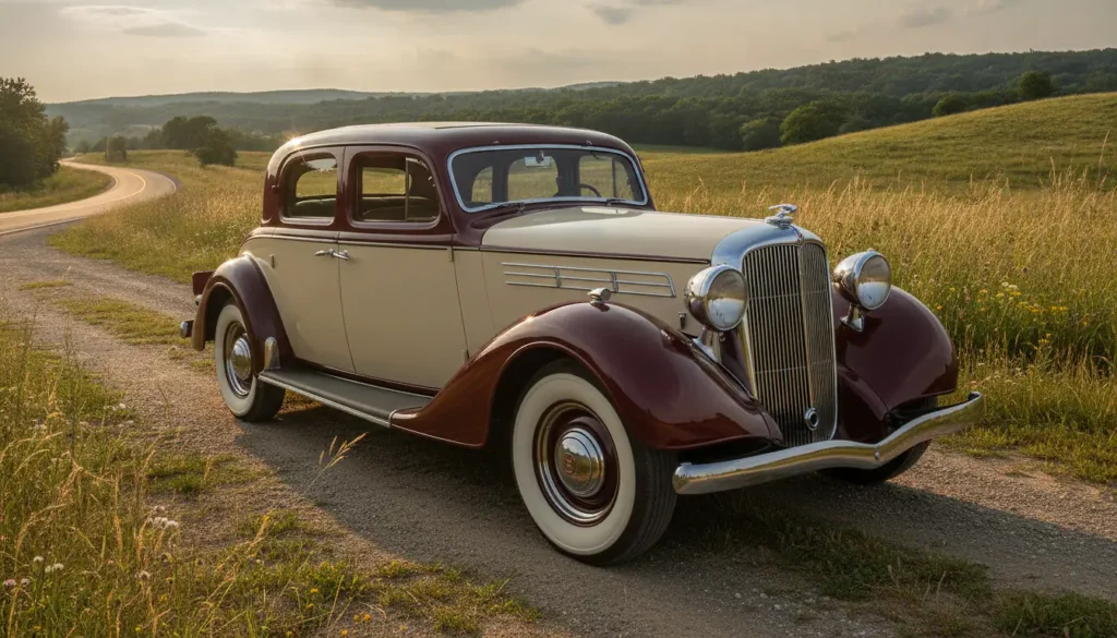 Automobile ancienne restaurée garée sur une route de campagne au coucher du soleil
