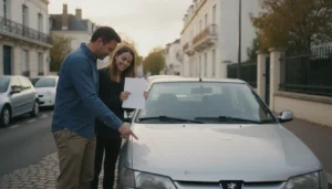 Acheteur et vendeuse examinant ensemble une voiture d'occasion garée dans une rue avant de négocier le prix