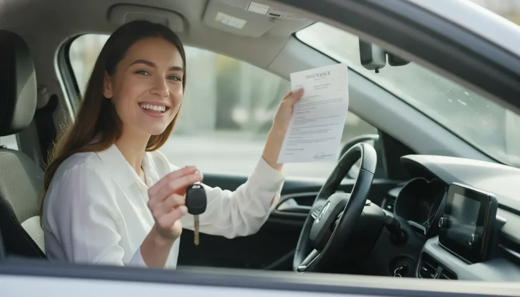 Jeune conducteur souriant au volant d'une citadine, contrat d'assurance et clés en main