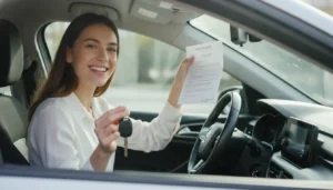 Jeune conducteur souriant au volant d'une citadine, contrat d'assurance et clés en main