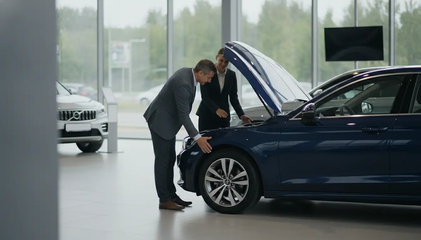 Client examinant une voiture d'occasion chez un concessionnaire automobile