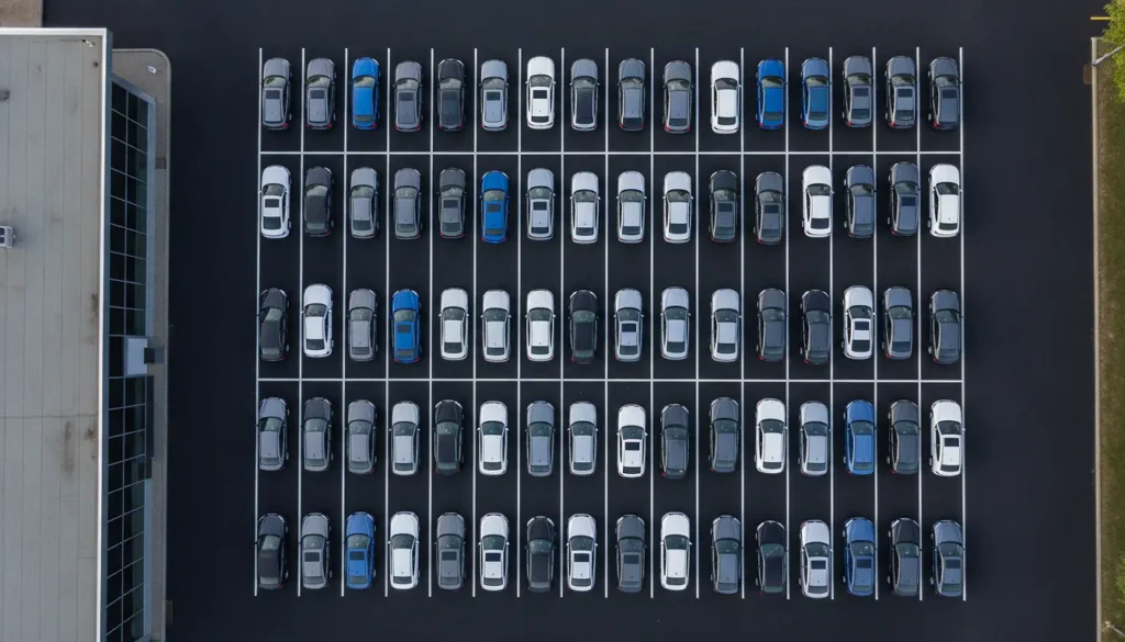 Vue aérienne d'un parc de véhicules d'occasion alignés sur un parking professionnel
