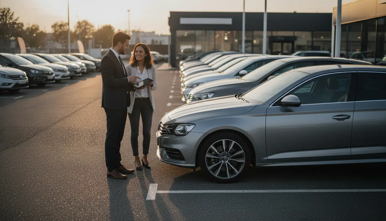 Vendeur automobile et client discutant devant une voiture sur un parking de concession
