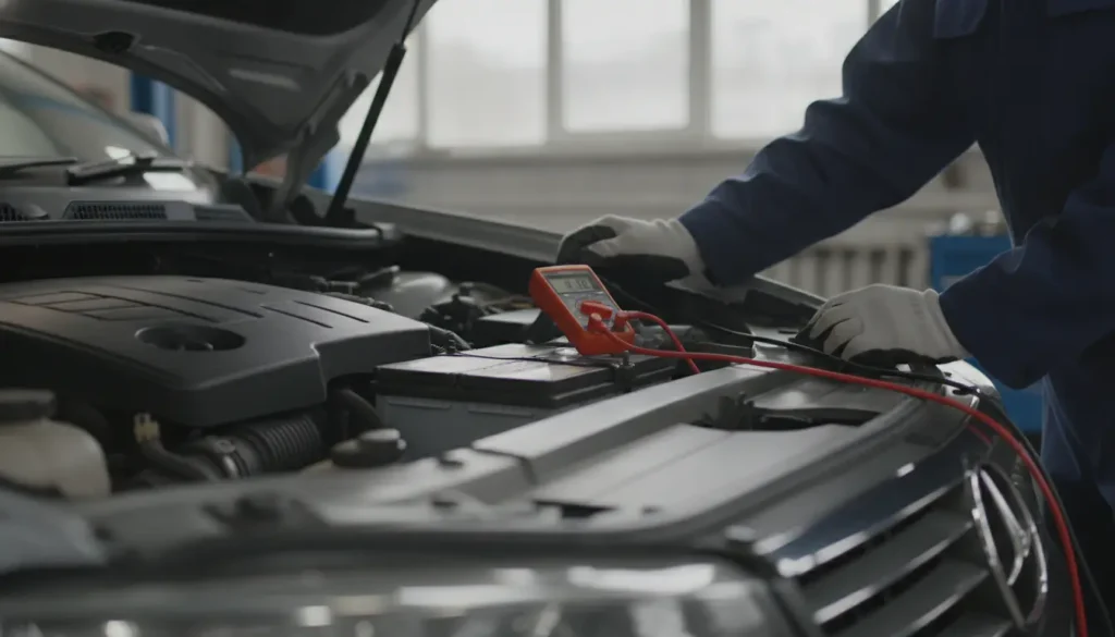 Technicien vérifiant la tension d'une batterie de voiture avec un multimètre sous le capot