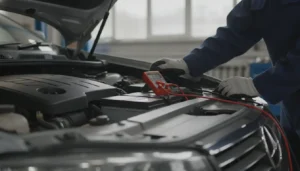 Technicien vérifiant la tension d'une batterie de voiture avec un multimètre sous le capot