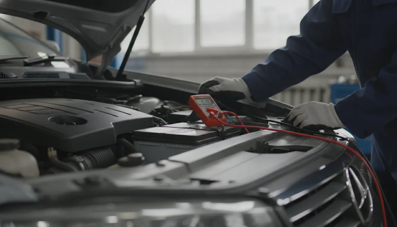 Technicien vérifiant la tension d'une batterie de voiture avec un multimètre sous le capot