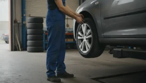 Mécanicien contrôlant la bande de roulement d'un pneu de berline grise sur un pont dans un atelier de garage